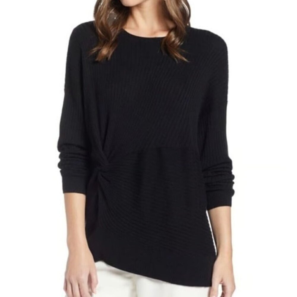 Something Navy womens size small black ribbed sweater gather knotted cashmere